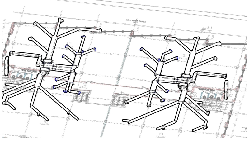 План-схема розташування системи кондиціювання та повітроводів для одного з поверхів